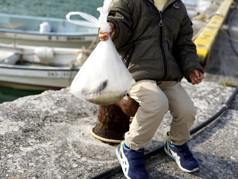 釣れた魚を持っている子供の写真