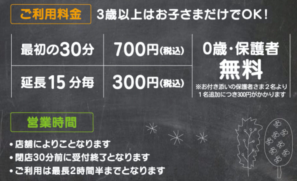 スキッズガーデン 南風原店の料金表