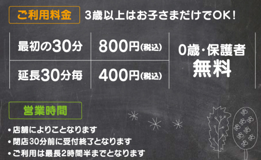 スキッズガーデン ライカム店の料金表